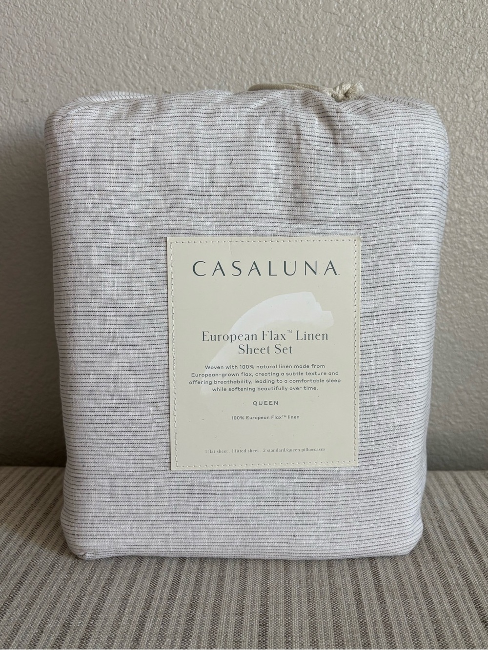 NWT Queen 100% Linen Sheet Set Dark Gray Micro Stripe - Casaluna
